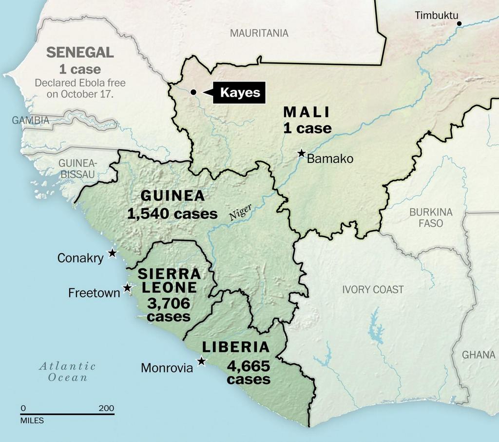 Map of Ebola affected countries in West Africa. By The Volta Times.