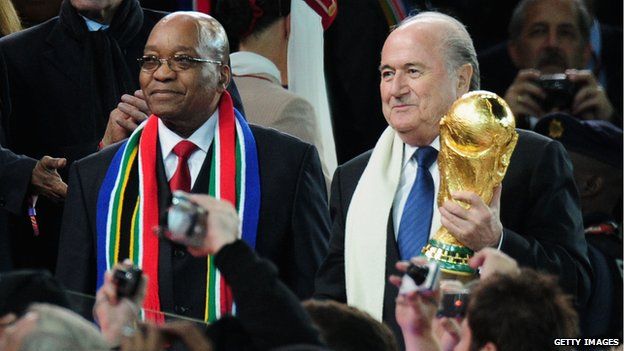 Sepp Blatter (at right, with South African President Jacob Zuma) brought the World Cup to Africa for the first time.