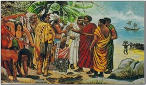 Mansa Abubakari II meets with Native Americans in peace, unlike his European successors.