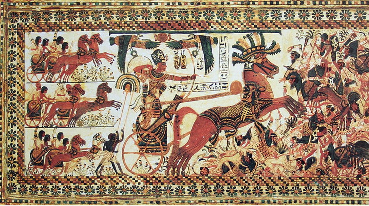 Pharaoh Tutankhamun riding a chariot to war.